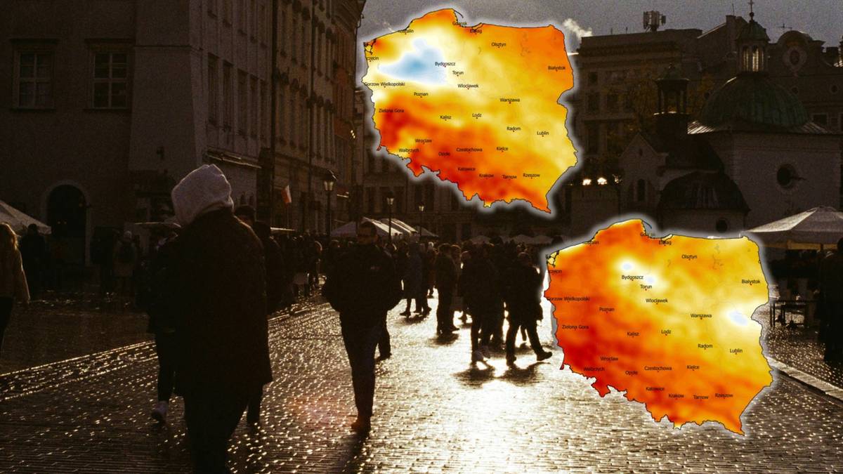 Mapa Polski z zaznaczonymi obszarami o różnej temperaturze, na tle ulicy z przechodzącymi ludźmi.