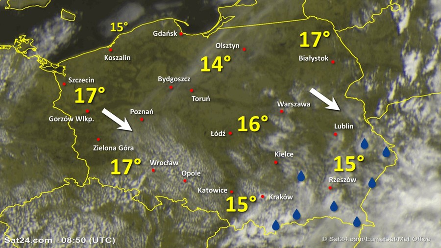 Zdjęcie satelitarne Polski w dniu 27 maja 2020 o godzinie 10:50. Dane: Sat24.com / Eumetsat.