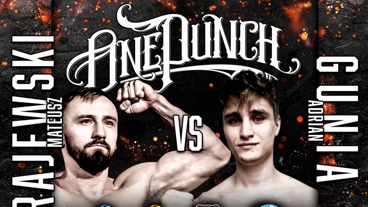 Dwóch mężczyzn na tle ciemnego, efektownego tła z napisem "ONE PUNCH". Lewy mężczyzna ma brodę i jest w połowie uchwycony w ruchu, unosząc pięść. Prawy mężczyzna patrzy przed siebie, z widoczną ramieniem w zgięciu. Pomiędzy nimi znajduje się napis "VS".
