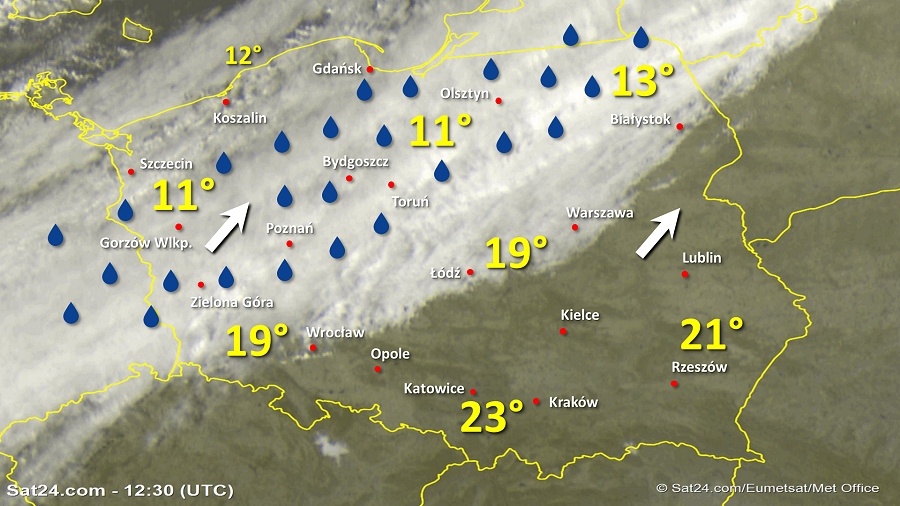 Zdjęcie satelitarne Polski w dniu 27 października 2019 o godzinie 13:30. Dane: Sat24.com / Eumetsat.