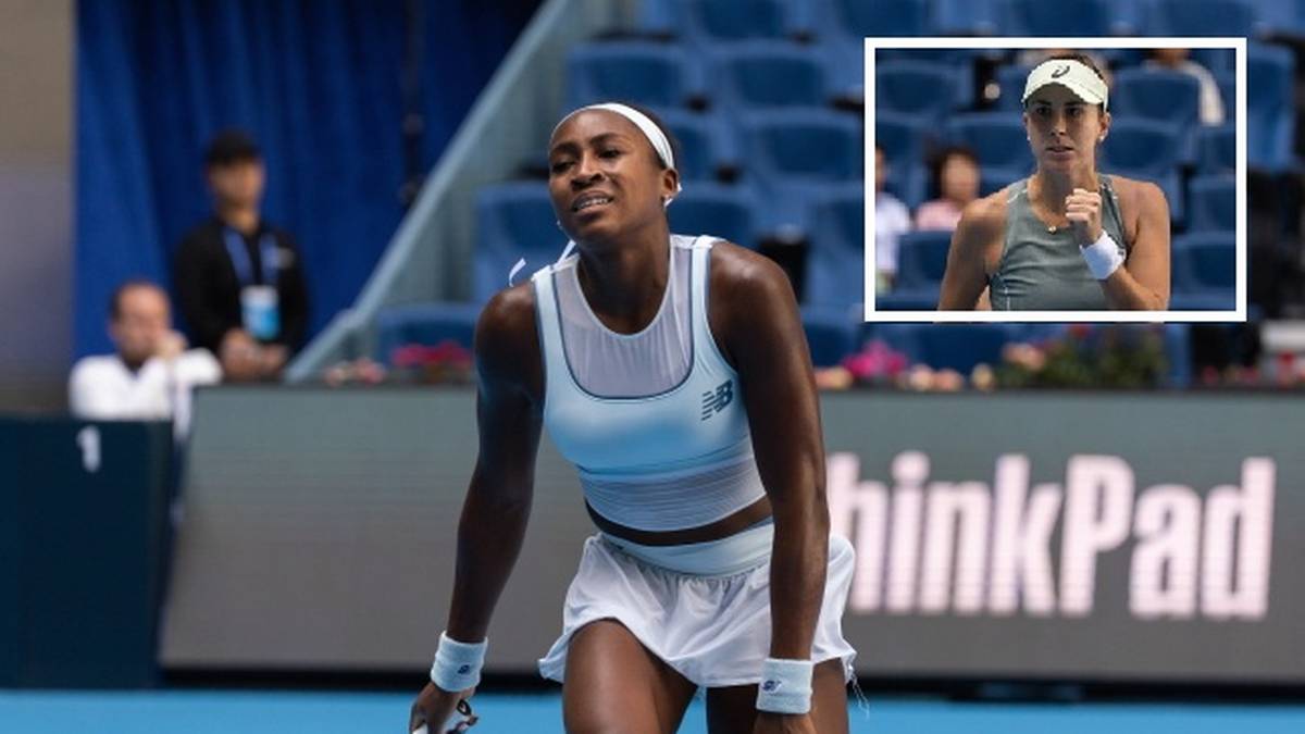 Dwie tenisistki na korcie, jedna skupiona i wściekła, druga zamyślona w ramce.