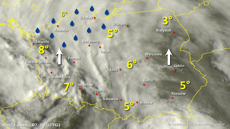 Zdjęcie satelitarne Polski w dniu 7 marca 2019 o godzinie 8:20. Dane: Sat24.com / Eumetsat.