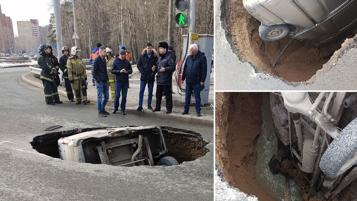 Rosja. Głęboka dziura pod asfaltem. Bus zapadł się całkowicie