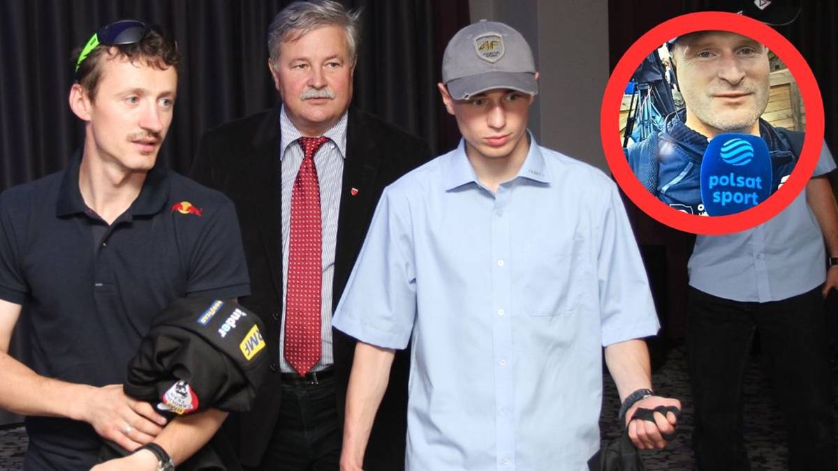 Trzech mężczyzn, w tym trener Maciej Maciusiak i dwaj skoczkowie, pozuje do zdjęcia. W prawym górnym rogu znajduje się zbliżenie na twarz trenera.