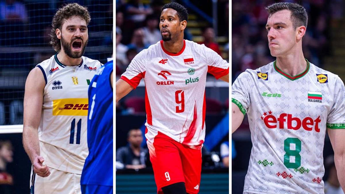 Trzech siatkarzy w strojach reprezentacyjnych, każdy z innym numerem.