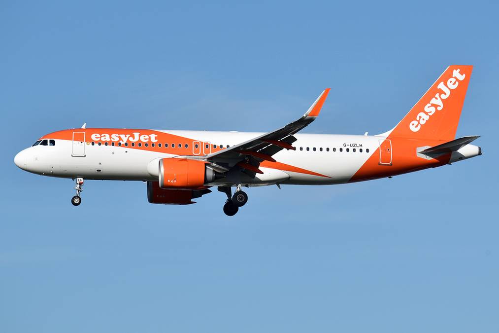 Samolot pasażerski linii easyJet w locie na tle błękitnego nieba.