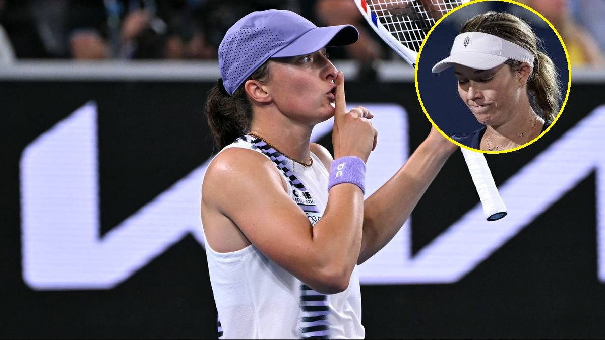 Iga Świątek gestem nakazuje ciszę, w tle widoczna jest Danielle Collins.