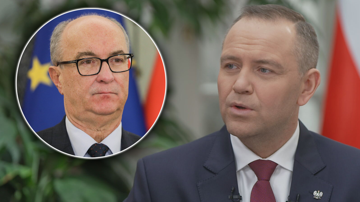 Portret prezydenta Karola Nawrockiego oraz portret innego polityka w okularach na tle flag Unii Europejskiej i Polski.