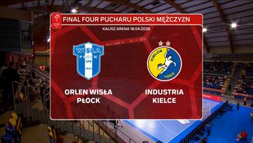 Tablica wynik&oacute;w meczu piłki ręcznej Final Four Pucharu Polski Mężczyzn. Po lewej ORLEN Wisła Płock, po prawej Industria Kielce. Data: 18.04.2026, Kalisz Arena.