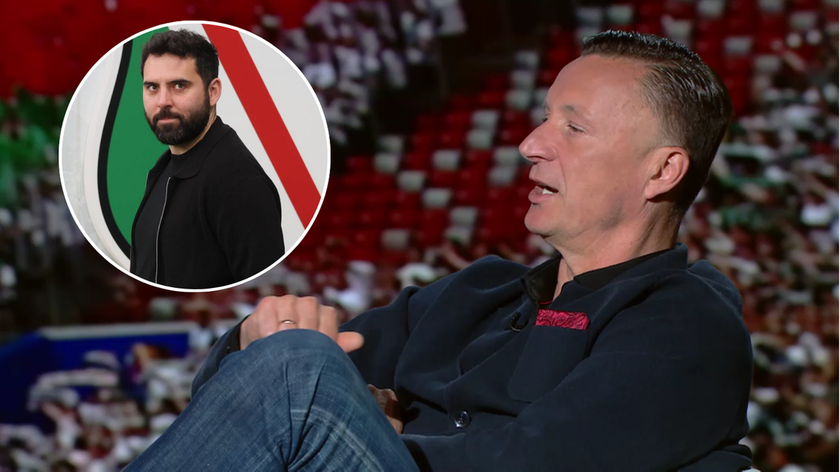 Zbliżenie na twarz mężczyzny w garniturze, z fragmentem okrągłego obrazka przedstawiającego innego mężczyznę z brodą w tle.