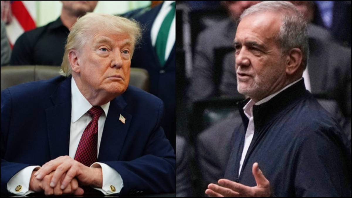 Zdjęcie przedstawia dw&oacute;ch mężczyzn w formie kolażu: po lewej stronie Donald Trump, po prawej irański urzędnik.