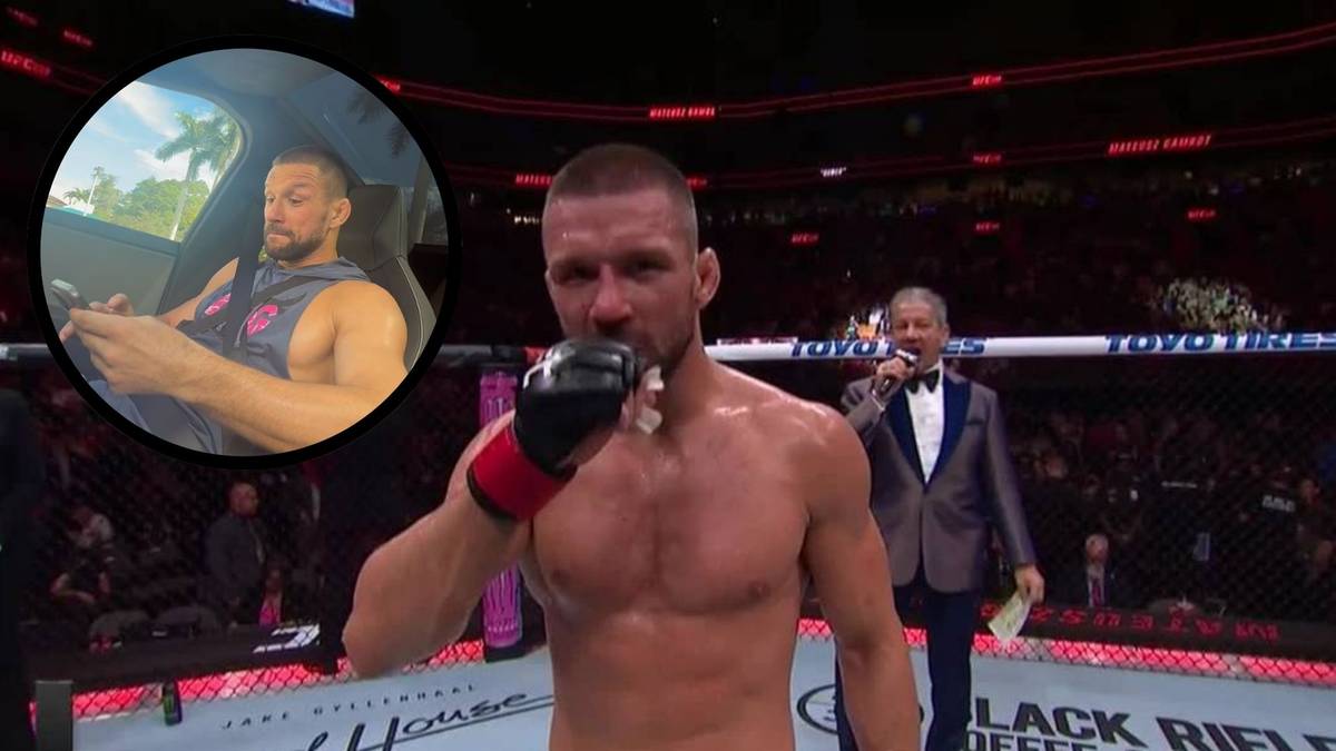 Mateusz Gamrot w rękawicach bokserskich, z bliska, w oktagonie UFC, z ręką przy ustach, na jednym z oczu widać małe zdjęcie go w samochodzie.