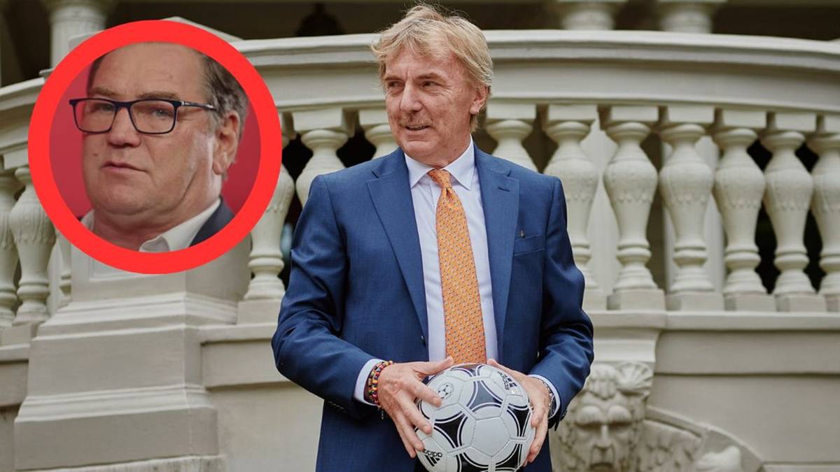 Portret Zbigniewa Bońka w okręgu i jego zdjęcie w garniturze z piłką nożną.