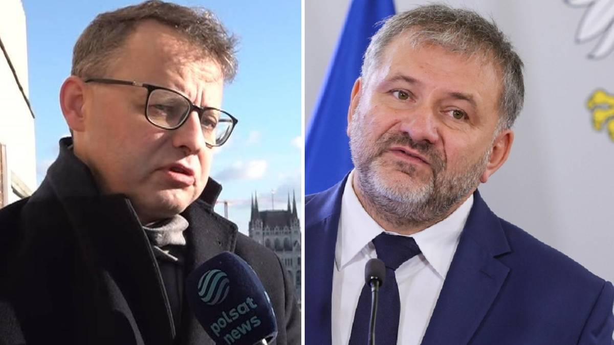 Marcin Romanowski, były wiceminister sprawiedliwości, w rozmowie z mediami, obok zdjęcie Waldemara Żurka