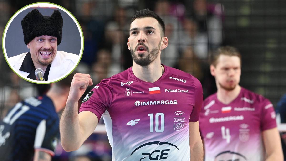 Siatkarz Jurij Semeniuk z numerem 10 na koszulce, uśmiechnięty, z wizerunkiem Ołeksandra Usyka w kółku.