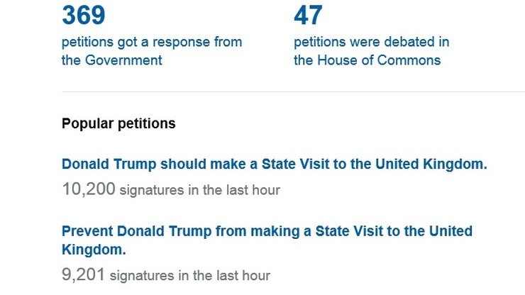 Dwie sprzeczne petycje i dwie debaty w sprawie Trumpa w brytyjskim parlamencie
