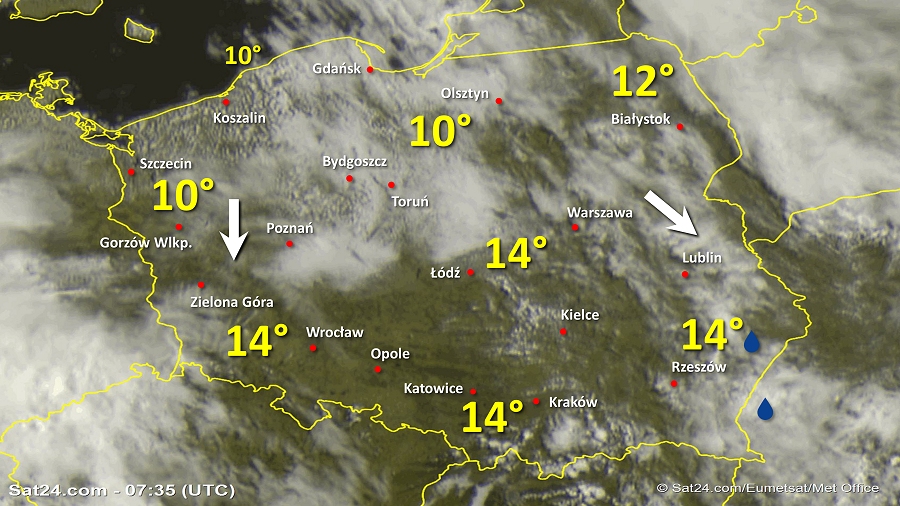 Zdjęcie satelitarne Polski w dniu 11 maja 2019 o godzinie 9:35. Dane: Sat24.com / Eumetsat.