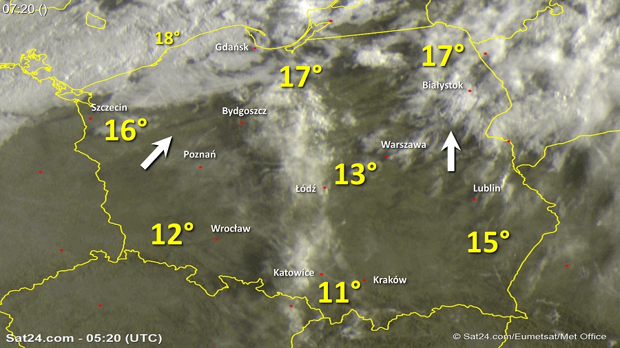 Zdjęcie satelitarne Polski w dniu 12 września 2018 o godzinie 7:20. Dane: Sat24.com / Eumetsat.