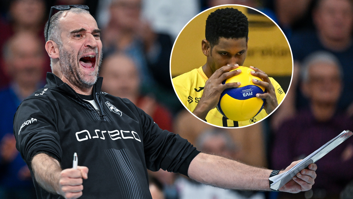 Trener siatkówki Massimo Botti krzyczący z radości, obok zbliżenie na siatkarza trzymającego piłkę.