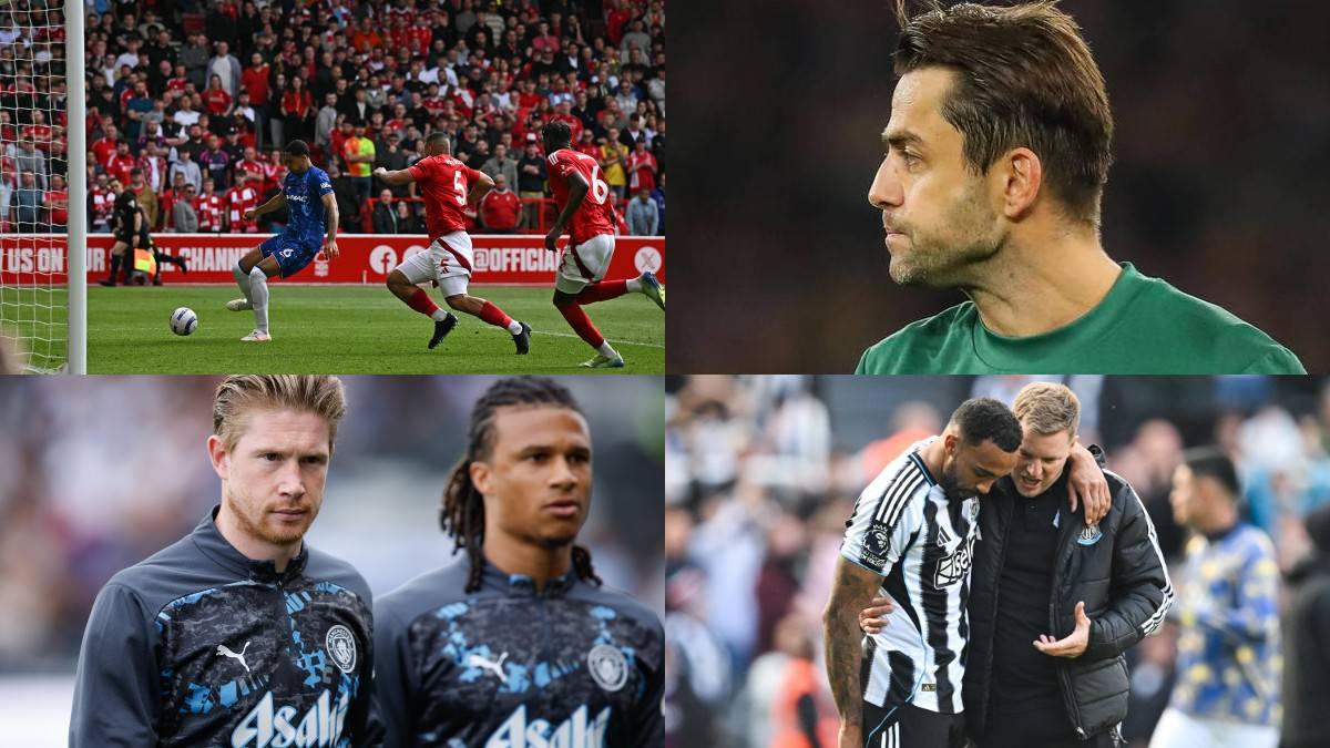 Kolaż zdjęć związanych z piłką nożną: mecz na stadionie z kibicami, zbliżenie na zawodnika, dwaj zawodnicy z bliska, dwóch zawodników obejmujących się po meczu.