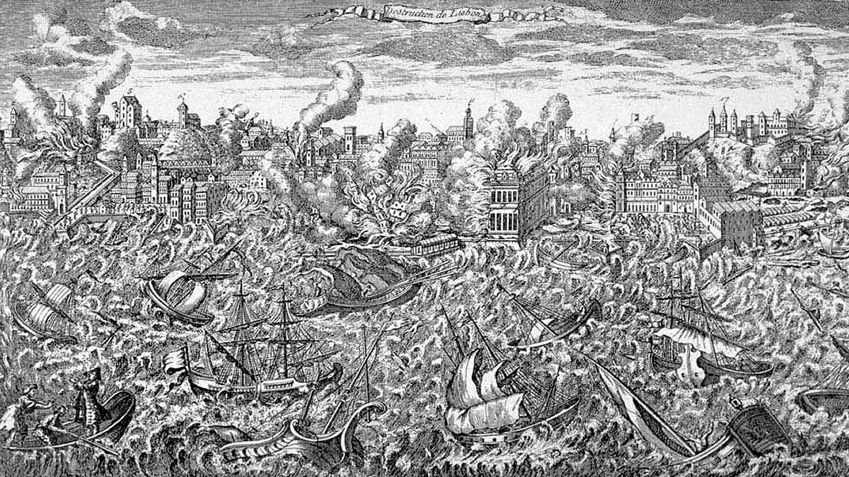 Tak wyglądało trzęsienie ziemi i uderzenie tsunami w Lizbonie w 1755 roku. Fot. Wikipedia.