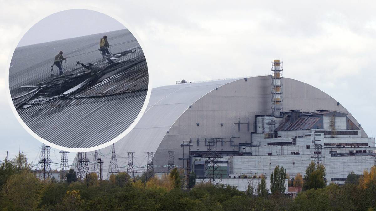 Widok zewnętrzny Nowej Bezpiecznej Powłoki nad reaktorem w Czarnobylu. W powiększeniu widoczne uszkodzenia dachu.