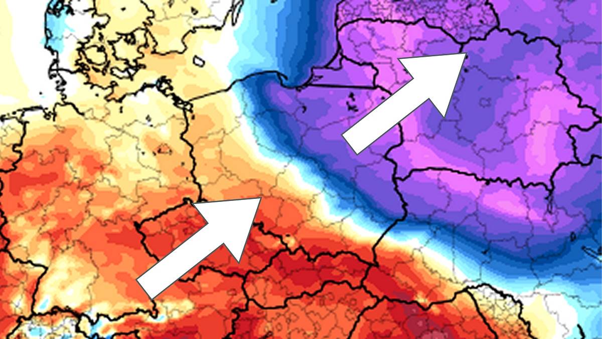Ciepłe powietrze (na czerwono) wyprze mroźną masę (na fioletowo). Fot. tropicaltidbits.com