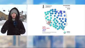 Mapa Polski z zaznaczonymi temperaturami i prezenterka pogody w zimowym ubraniu.