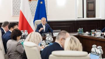 Grupa os&oacute;b siedzi przy stole konferencyjnym, w tle polska i unijna flaga.