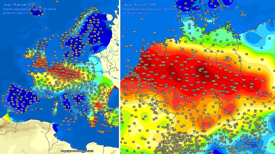 Maksymalne porywy wiatru w ciągu ostatniej doby w Europie. Fot. Meteociel.fr