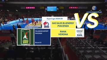 Grafika informująca o meczu siatk&oacute;wki Gas Sales Bluenergy Piacenza - Rana Verona. Widnieje logo Polsat Sport oraz napis VS.