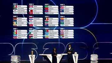 Tablica z wylosowanymi grupami Mistrzostw Świata 2026 z flagami państw.