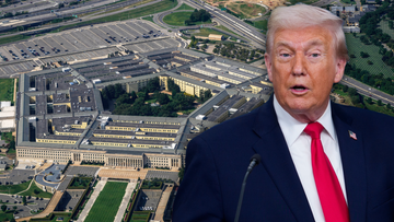 Zdjęcie przedstawia budynek Pentagonu oraz Donalda Trumpa.