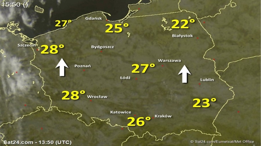 Zdjęcie satelitarne w dniu 30 sierpnia 2017 o godzinie 15:50. Dane: Sat24.com / Eumetsat.