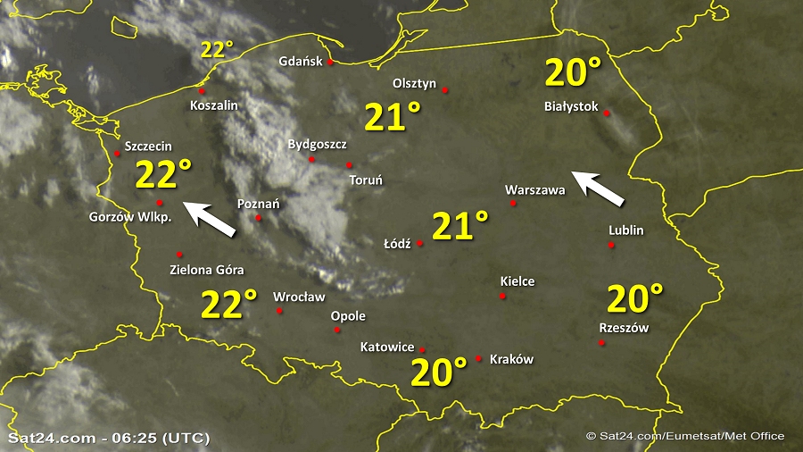 Zdjęcie satelitarne Polski w dniu 28 sierpnia 2019 o godzinie 8:25. Dane: Sat24.com / Eumetsat.