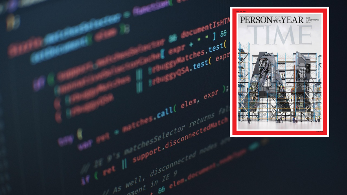 Fragment kodu programu komputerowego obok okładki magazynu Time z napisem "Person of the Year" i literami "AI".