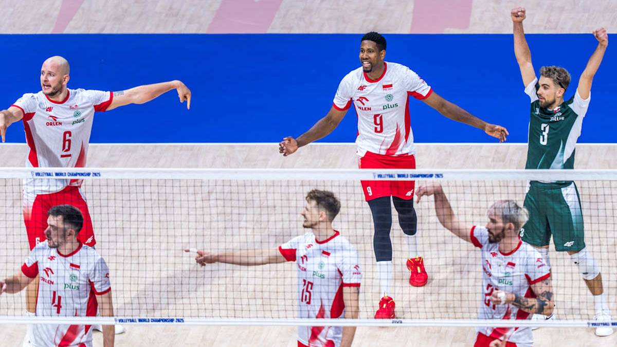 Sześciu siatkarzy na boisku, po obu stronach siatki.