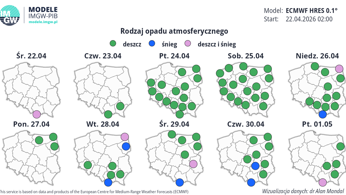 W niedzielę i przez kilka kolejnych dni we wschodniej połowie kraju na nizinach może padać deszcz i deszcz ze śniegiem