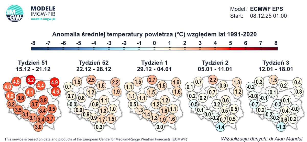 Najwyższe anomalie średniej temperatury wystąpią w pierwszej części miesiąca. Pod koniec grudnia wartości powinny zbliżyć się do typowych dla tego okresu