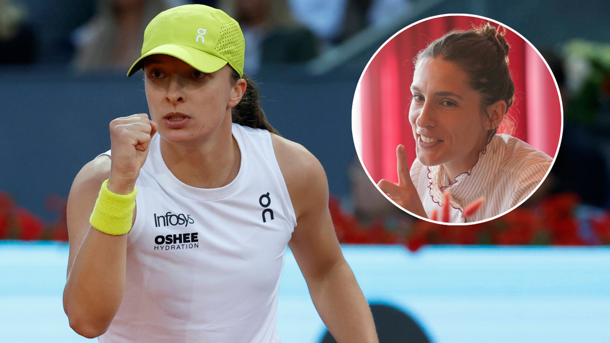 Iga Świątek w żółtej czapce i stroju tenisowym z podniesioną pięścią w geście zwycięstwa, w tle zdjęcie Simony Halep.