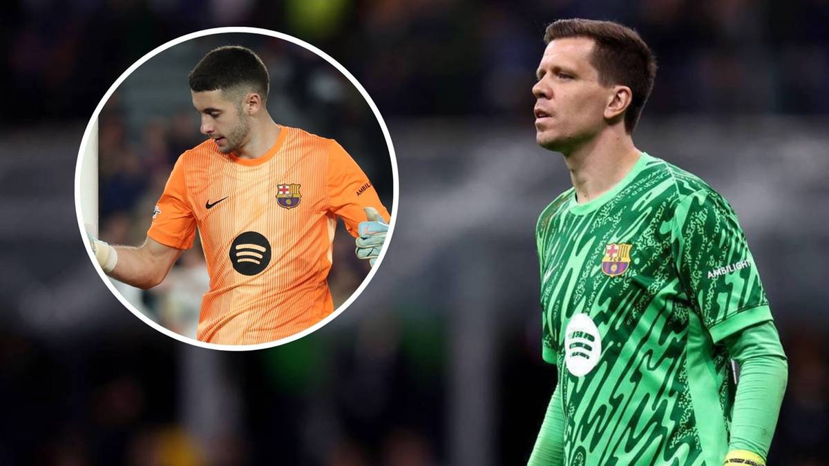 Wojciech Szczęsny w zielonym stroju bramkarskim FC Barcelony obok okrągłego zdjęcia Joana Garcii w pomarańczowym stroju