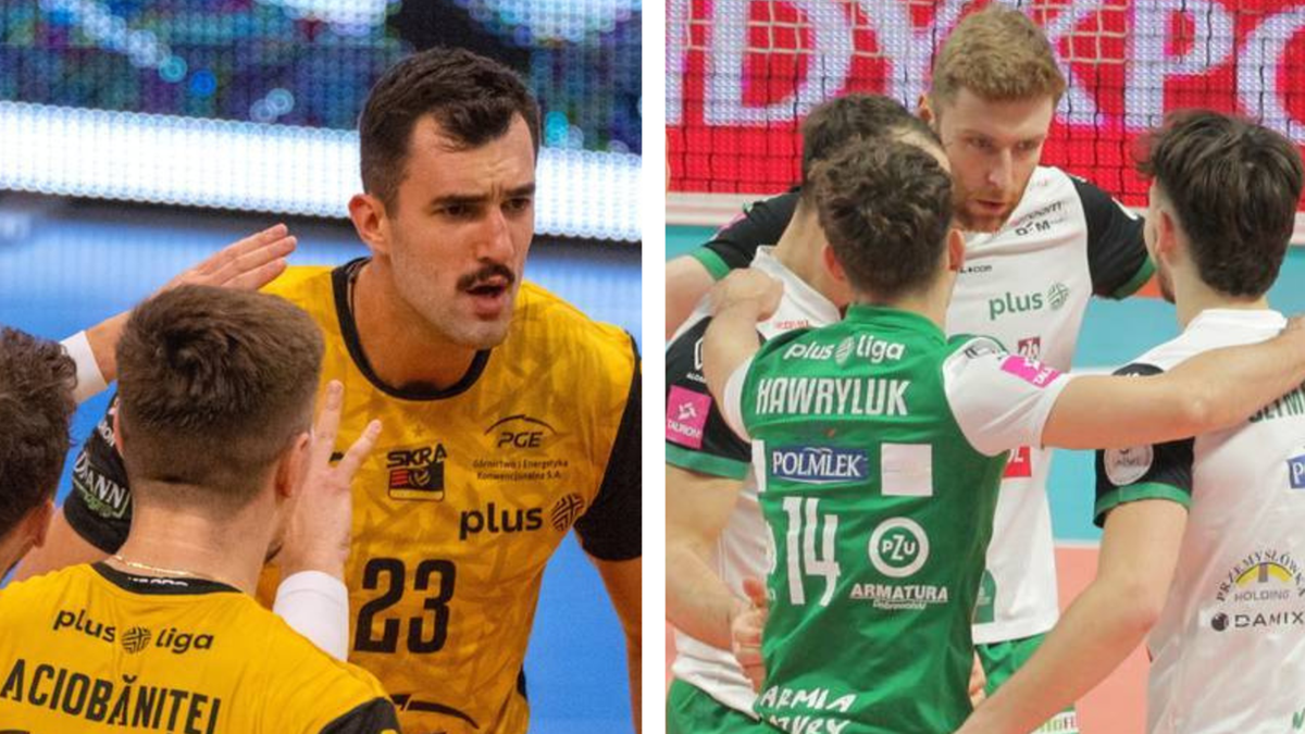 Dw&oacute;ch siatkarzy w ż&oacute;łtych strojach PG&Eacute; GiEK Skra Bełchat&oacute;w rozmawia na boisku. Obok siatkarze w zielonych strojach Indykpol AZS Olsztyn w grupie.