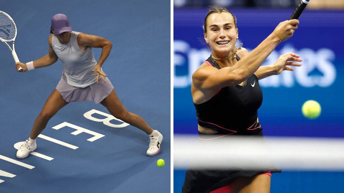 Dwie tenisistki grające w meczu tenisowym, lewa strona Iga Świątek, prawa strona Aryna Sabalenka.