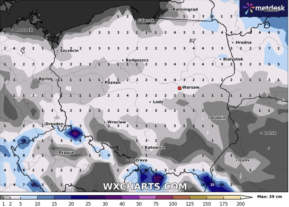 przewidywania pokrywy śnieżnej nad Polską na 23.12.2023 ; fot za: WXCHARTS