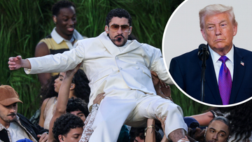 Kolaż zdjęć: Bad Bunny podczas występu na Super Bowl i Donald Trump podczas przem&oacute;wienia.