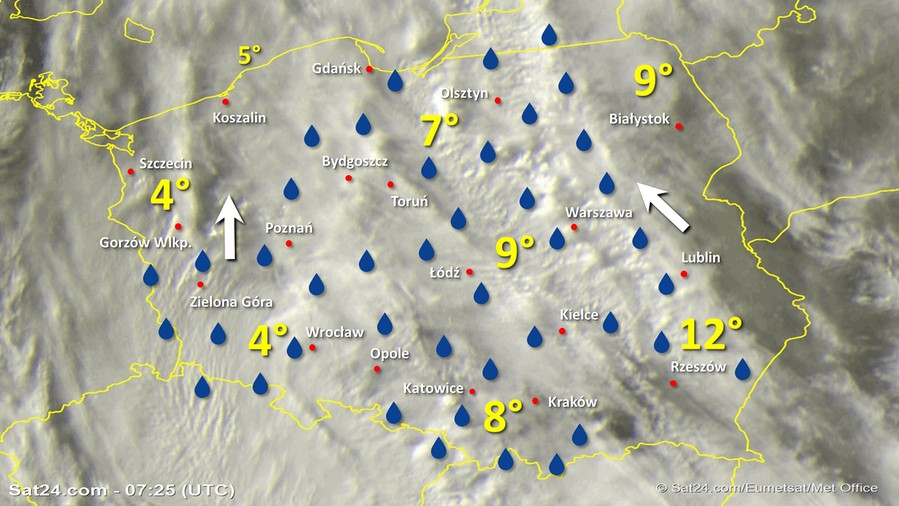 Zdjęcie satelitarne Polski w dniu 13 listopada 2019 o godzinie 8:25. Dane: Sat24.com / Eumetsat.