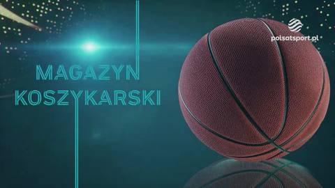 Piłka do koszyk&oacute;wki na ciemnym tle z neonowymi elementami graficznymi i napisem "Magazyn Koszykarski".