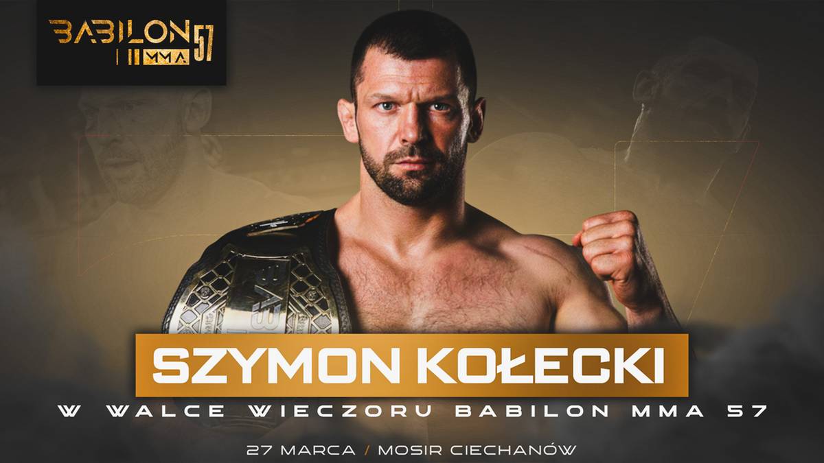 Szymon Kołecki prezentuje pas mistrzowski na tle logotypu Babilon MMA
