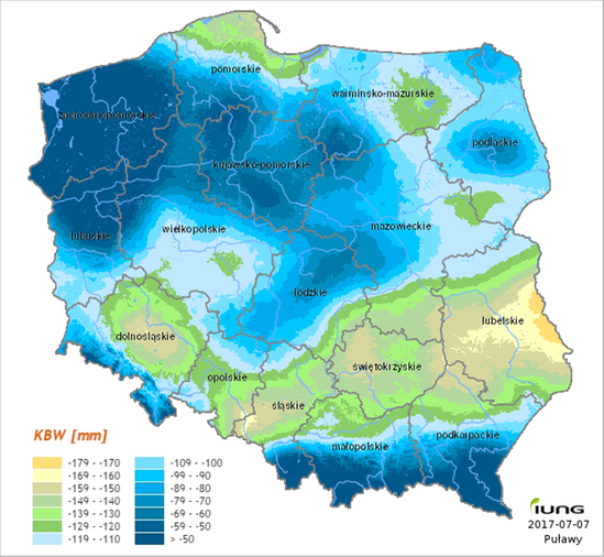 Wskaźnik Klimatycznego Bilansu Wodnego w okresie 1 maja - 30 czerwca 2017. Dane: IUNG.