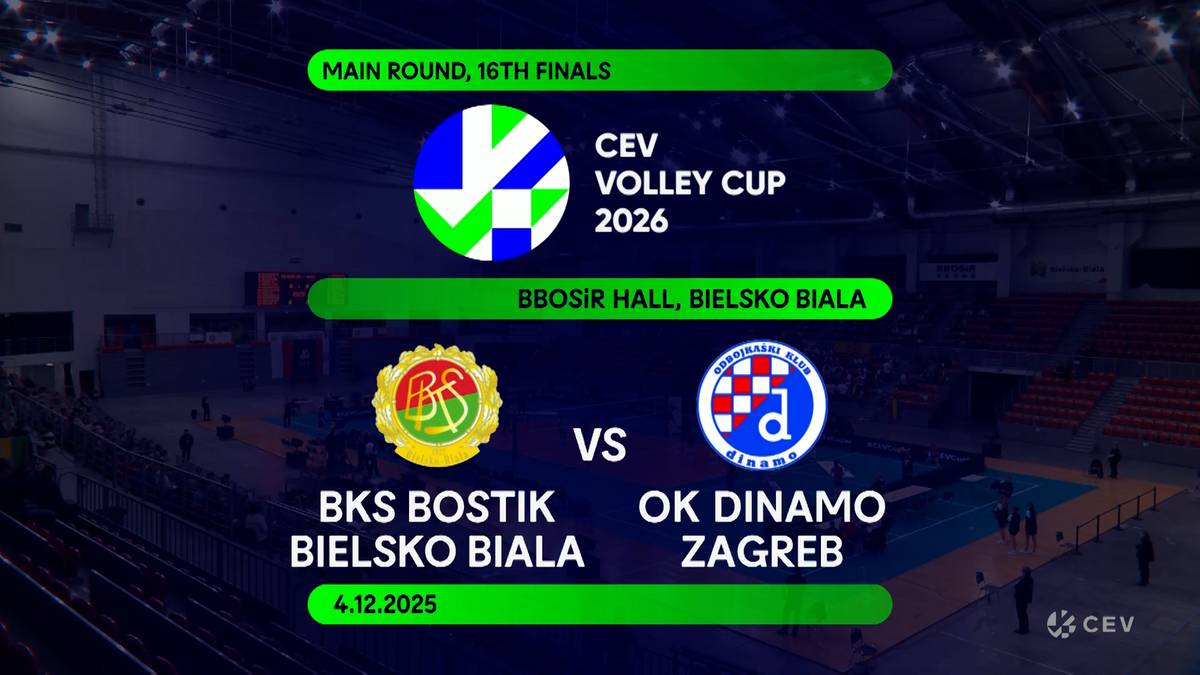 Grafika zapowiadająca mecz siatkówki BKS Bostik Bielsko-Biała vs OK Dinamo Zagrzeb w Lidze Mistrzów CEV Volley Cup 2026. Widnieje data 4.12.2025 i nazwa hali BSBIR Hall, Bielsko Biała.